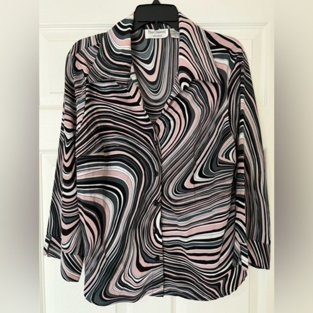 Vintage psychedelic swirl pattern blouse XL 3/4 sleeves 70’s vibe!